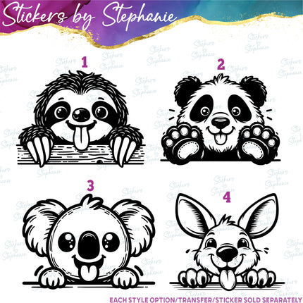 (s01A-049) Sloth, Panda, Koala, Kangaroo Peeking Iron-On Transfer