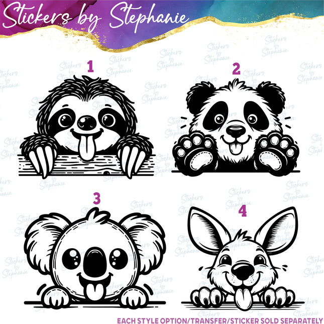 (s01A-049) Sloth, Panda, Koala, Kangaroo Peeking Iron-On Transfer