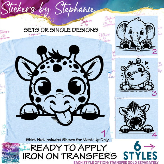 (s01A-050) Peeking Safari Animals Iron-On Transfer