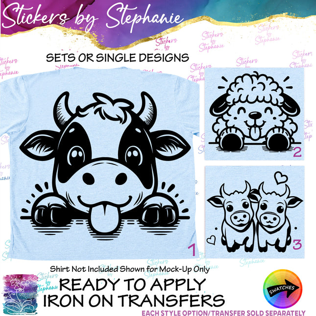 (s01A-056) Cow, Sheep Peeking Iron-On Transfer