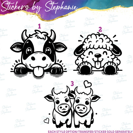 (s01A-056) Cow, Sheep Peeking Iron-On Transfer