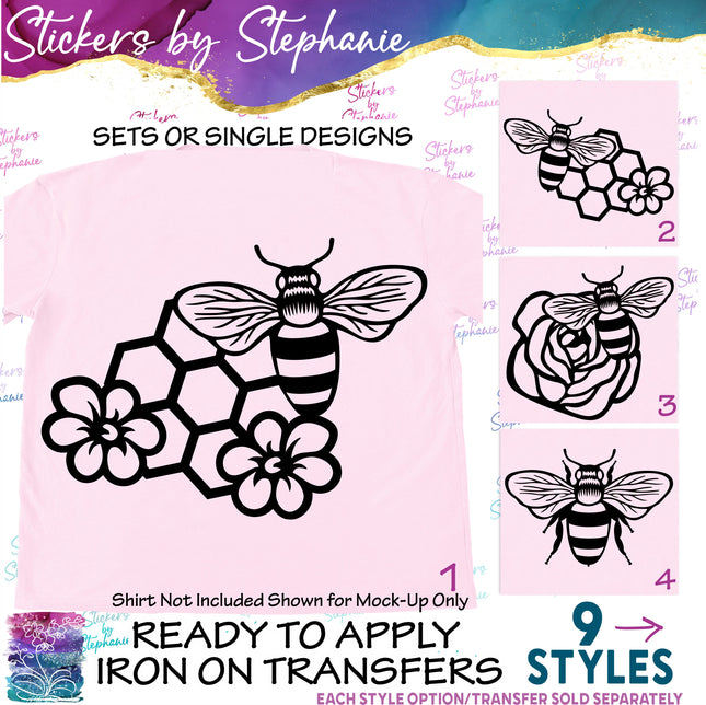 (s01A-006) Bee Flowers Iron-On Transfer