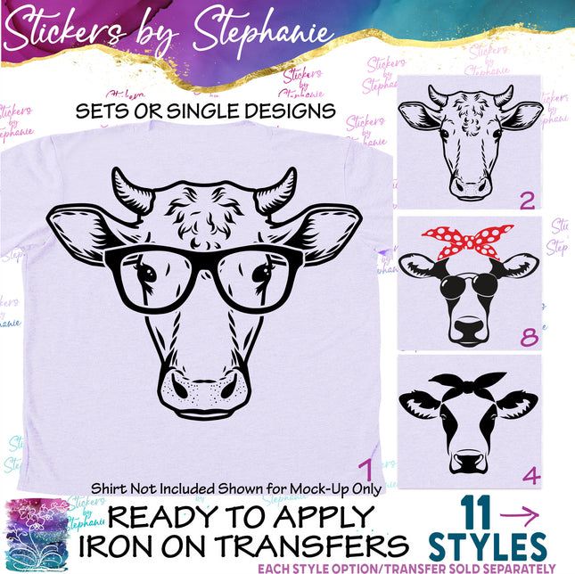 (s01A-068) Cow Face, Glasses, Sunglasses, Bandana Iron-On Transfer or Sticker