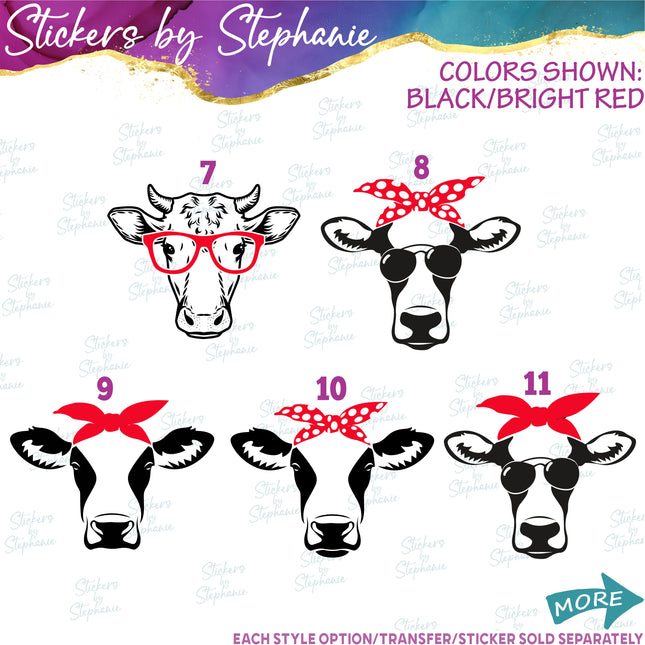 (s01A-068) Cow Face, Glasses, Sunglasses, Bandana Iron-On Transfer or Sticker