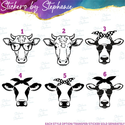 (s01A-068) Cow Face, Glasses, Sunglasses, Bandana Iron-On Transfer or Sticker