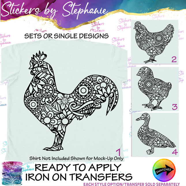 (s01A-008) Chicken Zentangle Iron-On Transfer