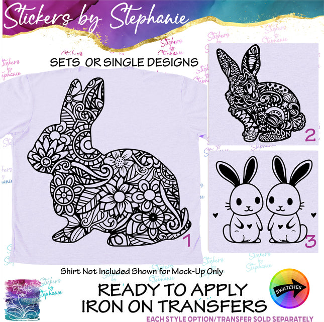 (s01A-095) Bunny Rabbit Zentangle Iron-On Transfer