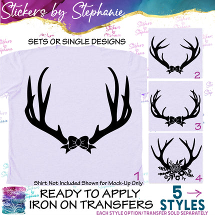 (s01A-099) Deer Antlers, Bow, Flowers Iron-On Transfer