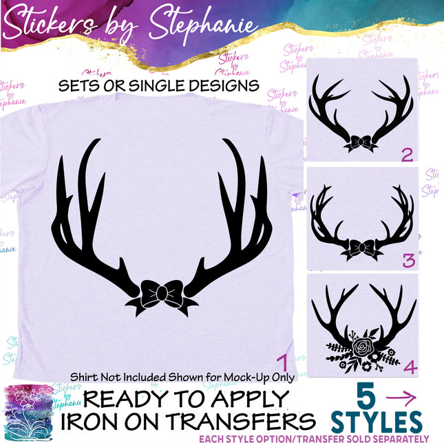 (s01A-099) Deer Antlers, Bow, Flowers Iron-On Transfer
