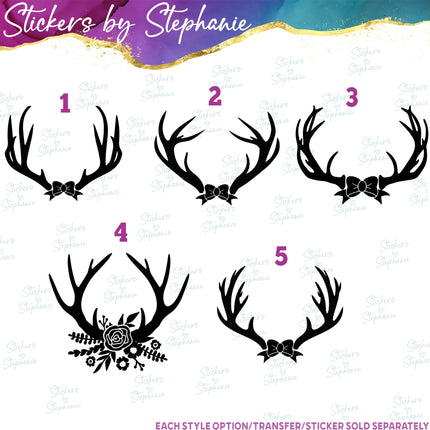 (s01A-099) Deer Antlers, Bow, Flowers Iron-On Transfer