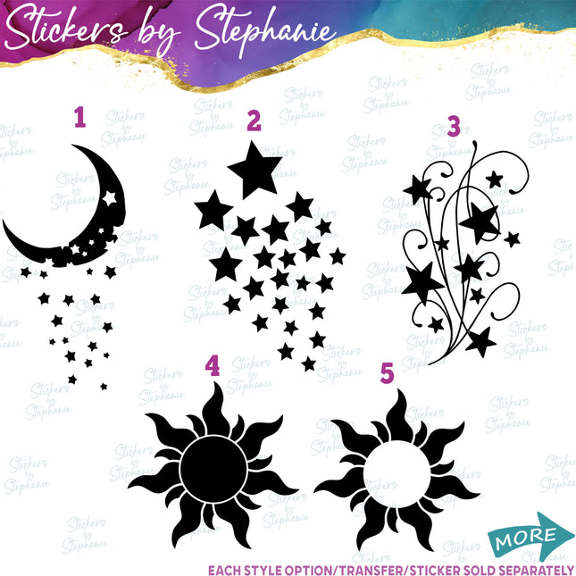 (s01-136) Moon Falling, Shooting Stars, Sun Iron-On Transfer