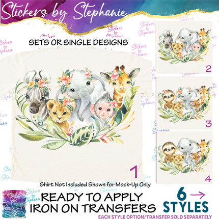 (s02A-104) Watercolor Baby Safari Animals Iron-On Transfer or Sticker