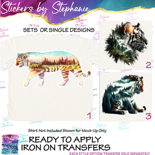 (s02A-108) Double Exposure Tiger Iron-On Transfer or Sticker