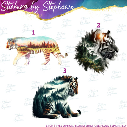 (s02A-108) Double Exposure Tiger Iron-On Transfer or Sticker