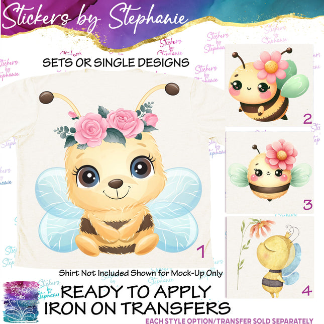 (s02A-011) Bee Bumblebee Flowers Iron-On Transfer or Sticker