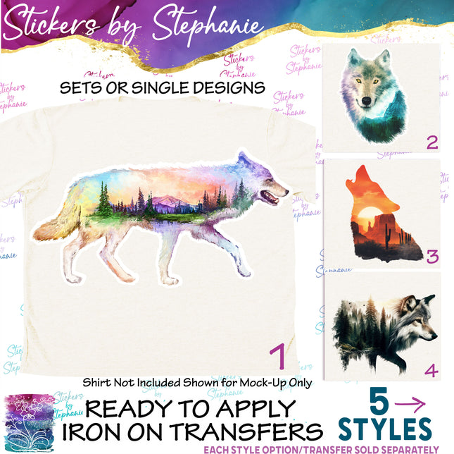 (s02A-117) Double Exposure Wolf Iron-On Transfer or Sticker