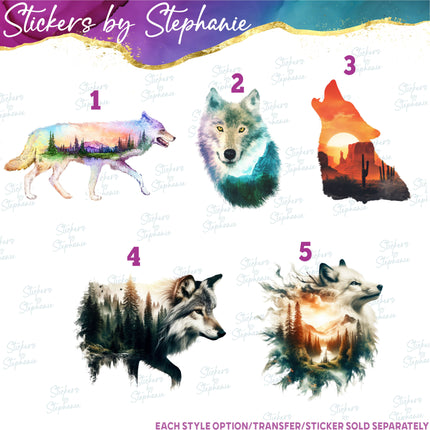 (s02A-117) Double Exposure Wolf Iron-On Transfer or Sticker