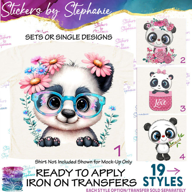 (s02A-121) Cartoon Illustrated Panda Flowers Iron-On Transfer or Sticker