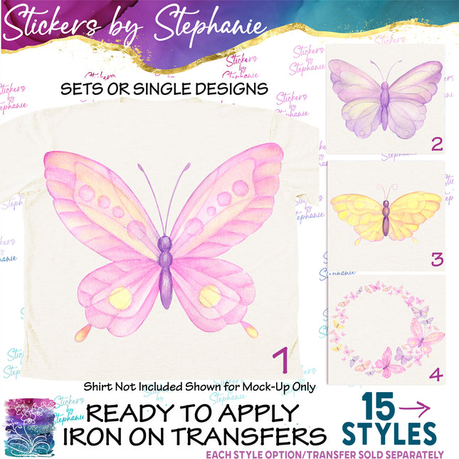 (s02A-131) Watercolor Pastel Butterflies Butterfly Iron-On Transfer or Sticker