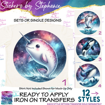 (s02A-132) Galaxy Narwhal, Orca, Dolphin, Whale Iron-On Transfer or Sticker
