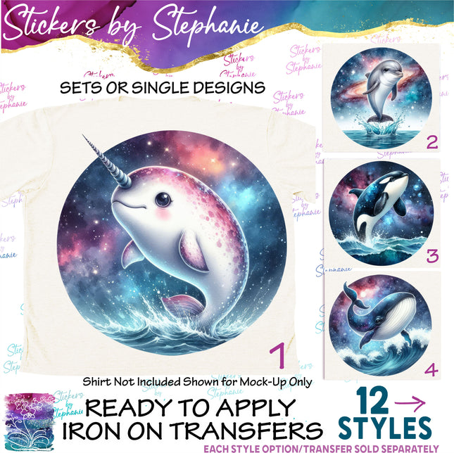 (s02A-132) Galaxy Narwhal, Orca, Dolphin, Whale Iron-On Transfer or Sticker