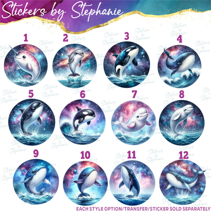 (s02A-132) Galaxy Narwhal, Orca, Dolphin, Whale Iron-On Transfer or Sticker