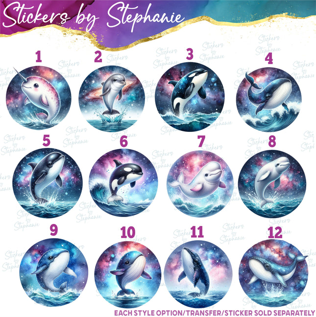 (s02A-132) Galaxy Narwhal, Orca, Dolphin, Whale Iron-On Transfer or Sticker