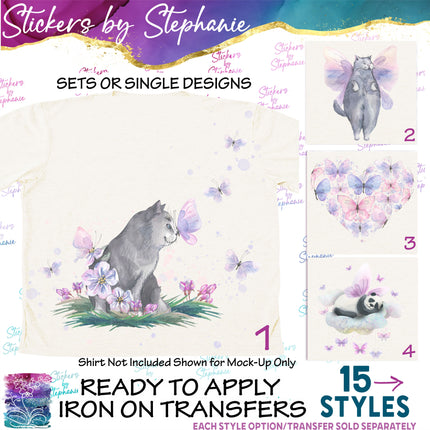 (s02A-133) Purple Butterflies Butterfly Cat Panda Iron-On Transfer or Sticker