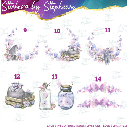 (s02A-133) Purple Butterflies Butterfly Cat Panda Iron-On Transfer or Sticker