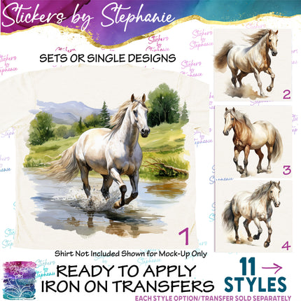 (s02A-139) Watercolor White Horse Horses Iron-On Transfer or Sticker