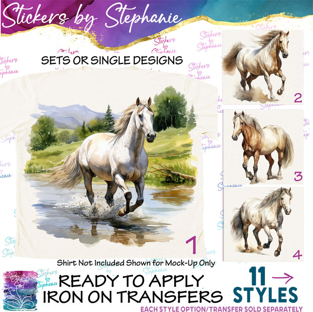 (s02A-139) Watercolor White Horse Horses Iron-On Transfer or Sticker