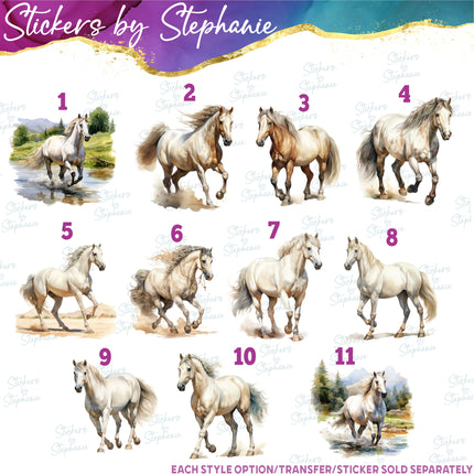 (s02A-139) Watercolor White Horse Horses Iron-On Transfer or Sticker