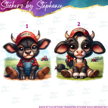 (s02A-014) Farm Boy Girl Baby Cow Iron-On Transfer or Sticker