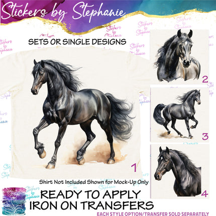 (s02A-140) Watercolor Black Horse Iron-On Transfer or Sticker