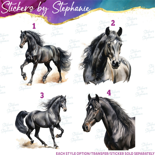 (s02A-140) Watercolor Black Horse Iron-On Transfer or Sticker