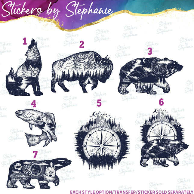 (s02A-150) Double Exposure Compass Bear Iron-On Transfer or Sticker