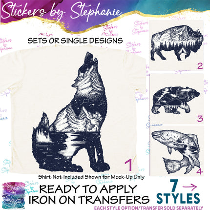 (s02A-149) Double Exposure Bear, Wolf, Fish Iron-On Transfer or Sticker