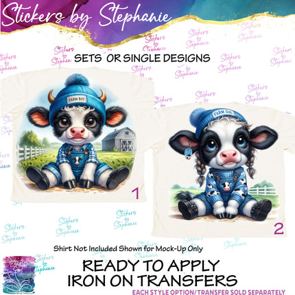 (s02A-015) Farm Boy Girl Baby Cow Iron-On Transfer or Sticker