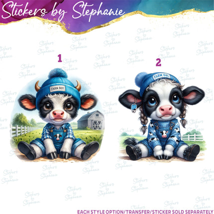 (s02A-015) Farm Boy Girl Baby Cow Iron-On Transfer or Sticker