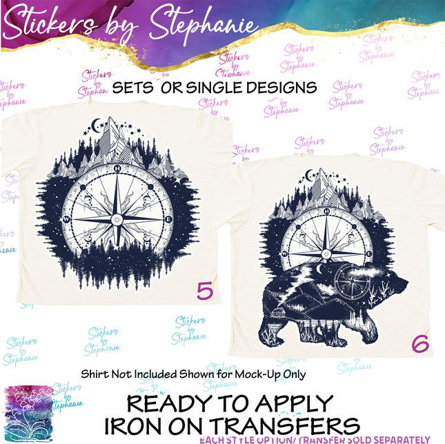 (s02A-150) Double Exposure Compass Bear Iron-On Transfer or Sticker