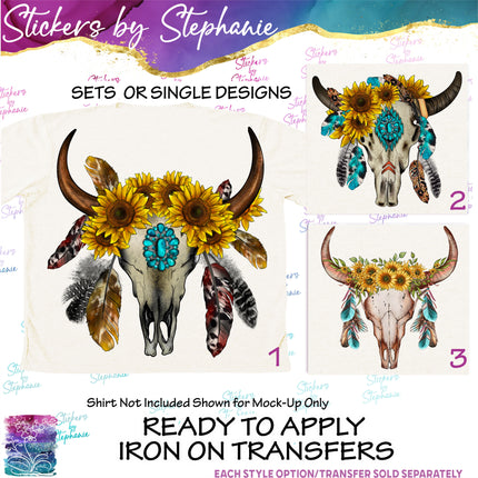 (s02A-151) Boho Cow Skull Sunflowers Feathers Iron-On Transfer or Sticker