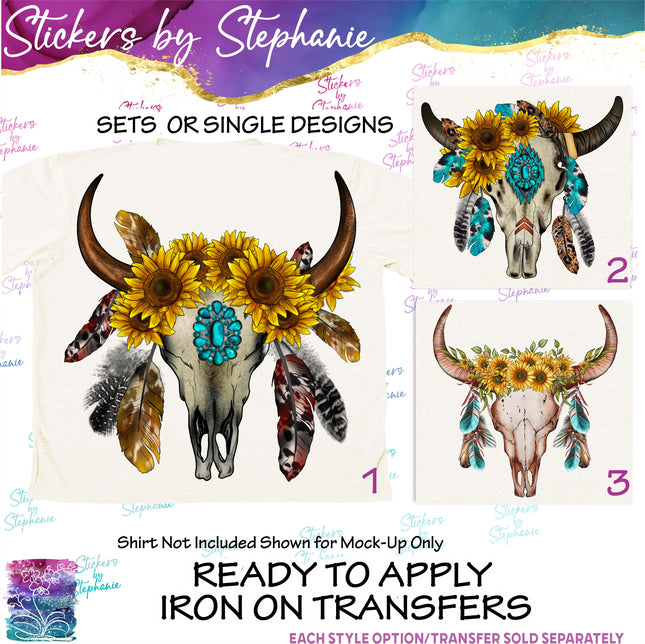 (s02A-151) Boho Cow Skull Sunflowers Feathers Iron-On Transfer or Sticker
