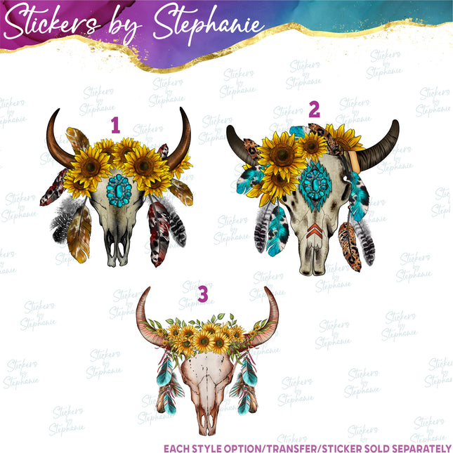 (s02A-151) Boho Cow Skull Sunflowers Feathers Iron-On Transfer or Sticker
