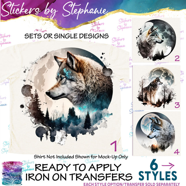 (s02A-152) Wolf Full Moon Double Exposure Iron-On Transfer or Sticker