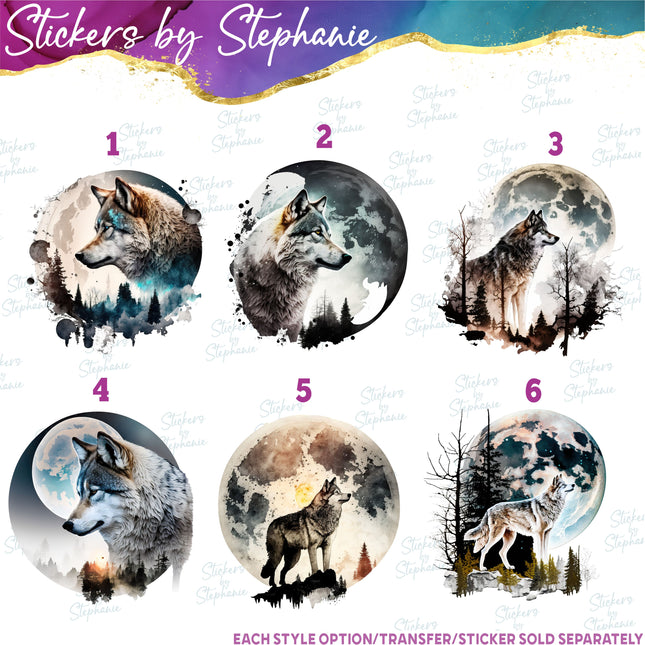 (s02A-152) Wolf Full Moon Double Exposure Iron-On Transfer or Sticker