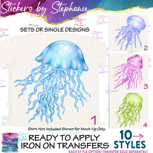 (s02A-157) Watercolor Jellyfish Colorful Iron-On Transfer or Sticker