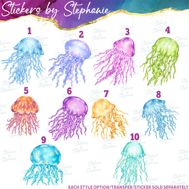 (s02A-157) Watercolor Jellyfish Colorful Iron-On Transfer or Sticker
