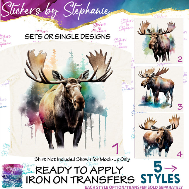 (s02A-160) Watercolor Moose Iron-On Transfer or Sticker