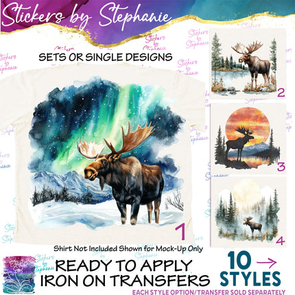 (s02A-162) Watercolor Moose Landscape Iron-On Transfer or Sticker