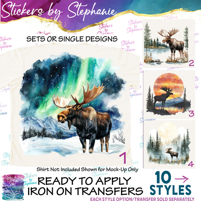 (s02A-162) Watercolor Moose Landscape Iron-On Transfer or Sticker